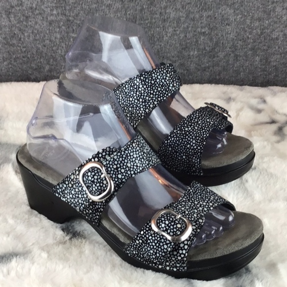 Dansko Black metallic Pebbles Leather Adjustable Strap‎ Platform Sandals Size 40